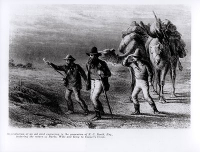 バーク、ウィルズ、キングのクーパーズクリークへの帰還、1838年3月1日（鋼の彫刻） 作： Australian School